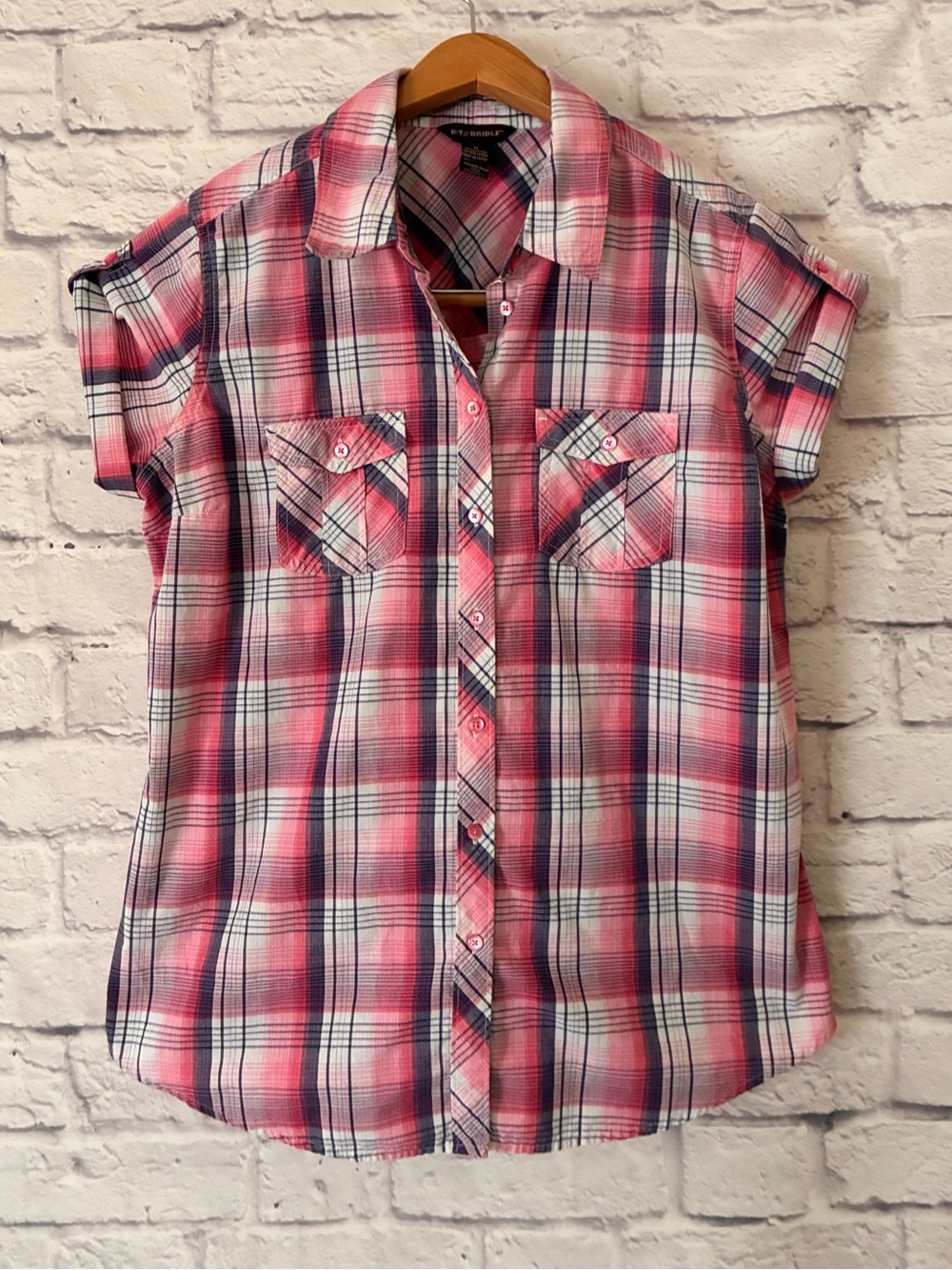 Bit & Bridle Plaid Short-Sleeve Button-Down Shirt - Pink Plaid - Medium